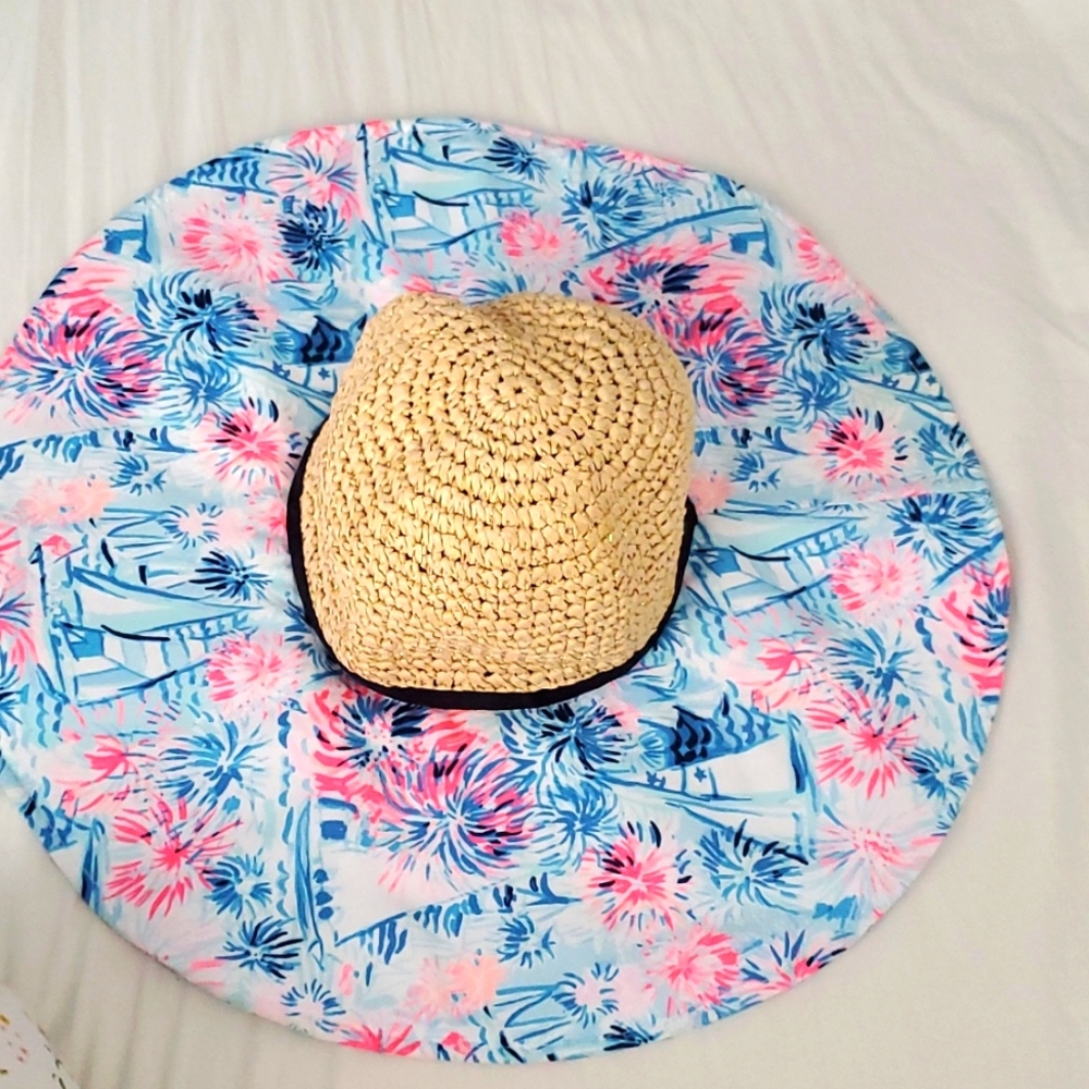 Lilly Pulitzer Sea to Shining Sea Woven Sun Hat Blue/Pink Palm Beach Floppy